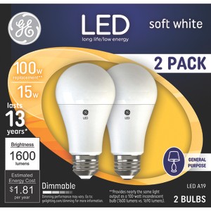 GE 2pk 100W A19 LED Light Bulbs Soft White: Dimmable, 2700 Kelvin, 1600 Lumens, Energy Star Certified - 1 of 4