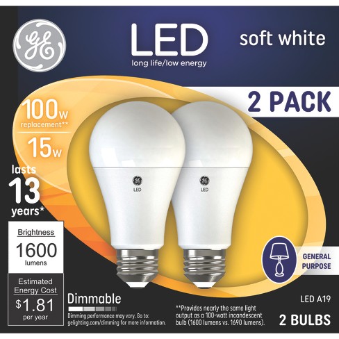 GE 2pk 100W A19 LED Light Bulbs Soft White: Dimmable, 2700 Kelvin, 1600 Lumens, Energy Star Certified - image 1 of 4