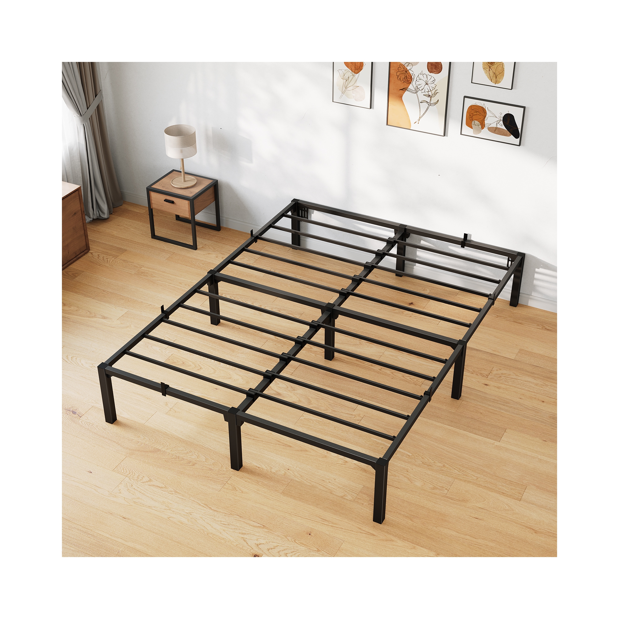 14 Inch Full Size Iron Bed Frame, Metal Platform, Iron Slat Support, Support Up to 800 LBS, Fully Disassembled Flat Iron Bed, No Box Spring Needed
