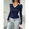 Womens Color Block V Neck Polo Shirts Bodycon Long Sleeve Tops Business Casual Collared Work Top Slim Fitted Stretchy Basic Shirts - 3 of 4