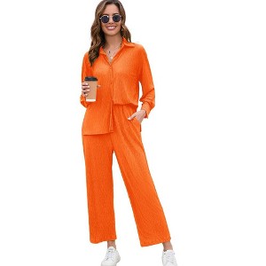 Women Two Piece Casual Outfits Y2K Loungewear Pleated Wide Leg Pants Long Sleeve Button Down Shirt Streetwear Set - 1 of 4