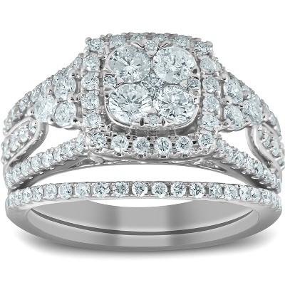 Pompeii3 1 1/2 Ct Cushion Halo Round Diamond Engagement Wedding Ring Set 10k White Gold