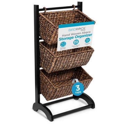 BIRDROCK HOME 3-Tier Abaca Organizer Shelf - Handwoven Baskets with Solid Wood Frame for Living Room, Bedroom & Kitchen - Brown Wash, Espresso