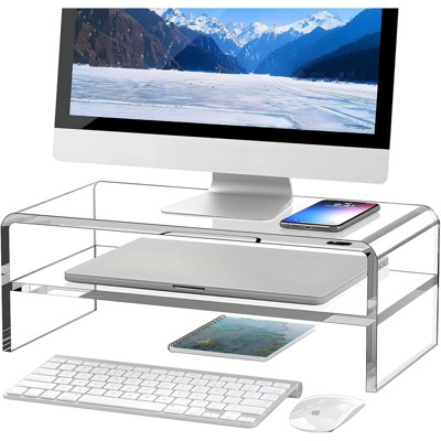 BRINJOY Clear Acrylic Monitor Stand Riser 2 Tier, 5.12 Inches High Clear Computer Desk Organizer Shelf for Multi Media PC Storage Laptop