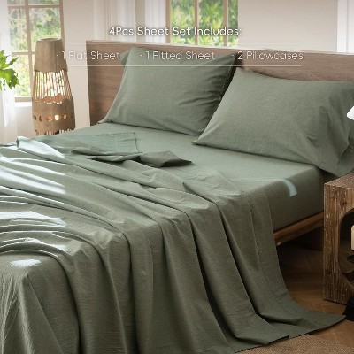 Der Rose BALHAM TRADE-Queen 100% Washed Cotton Linen Like Bedding Sheet Set Breathable Durable Soft Comfy Heathered Sage Green-Queen 90"x102" — фото 2