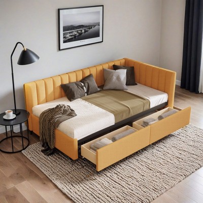 Twin Size Daybed with Storage Drawers, Upholstered Day Bed Frame Mid Century Linen Sofa Beds with Vertical Channel Tufted Headboard - Leovsnove