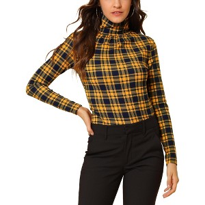 Allegra K Women's Turtleneck Long Sleeve Stretch Slim Plaid Casual Blouse - 1 of 4