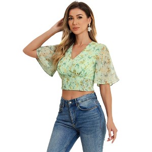 INSPIRE CHIC Women's Floral Flare Short Sleeve V Neck Summer Smocked Crop Tops - 1 of 4