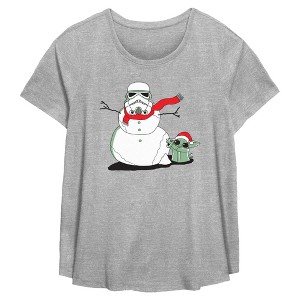 Womens Star Wars: The Mandalorian Snowman Stormtrooper and Grogu T Shirt - 1 of 3