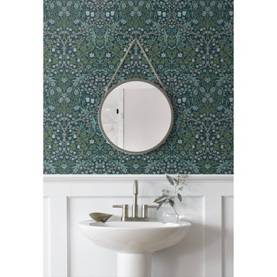 Prussian Blue and Moss Green Damask Peel and Stick Wallpaper