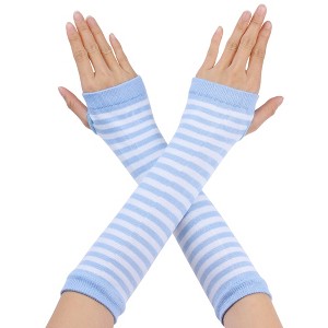 Allegra K Women's Stripe Print Knitted Fingerless Elbow Length Gloves Warmers One Size 1 Pair - 1 of 4