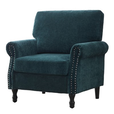 Beautyolove Dark Teal Chenille Upholstered Wood Frame Accent Chair Armchair with Turned Legs and Tufted Rolled Armrests