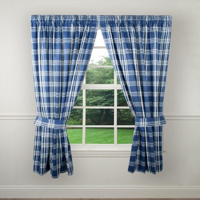 Blue Cotton Plaid Rod Pocket Window Curtains 84"