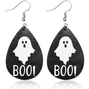 Fluorescent Faux Leather Halloween Earrings - Vampire Bat & Ghost BOO Pumpkin Teardrop Dangle, Lightweight Jewelry - 1 of 4