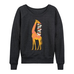 Women's - Instant Message - Giraffe Carrying Books Lightweight French Terry Wide Neck Long Sleeve Graphic Shirt - 1 of 4