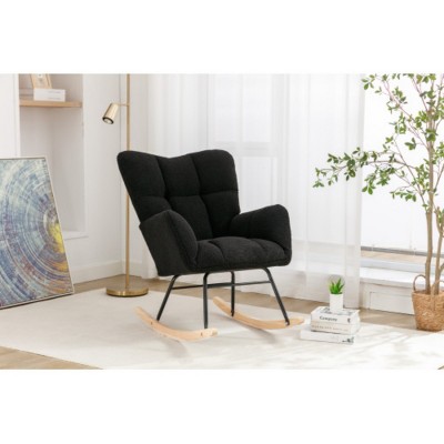 Tufted Teddy Fabric Rocking Nursery Chair with Wide Back and Wooden Legs,Upholstered Glider for Living Room or Bedroom-Baofuwish