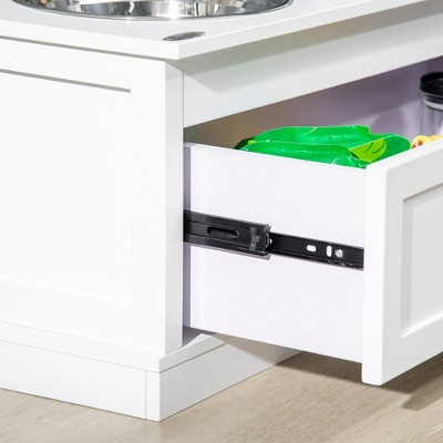 White Elevated Dog Bowl Stand with Stainless Steel Bowls and Storage Drawer