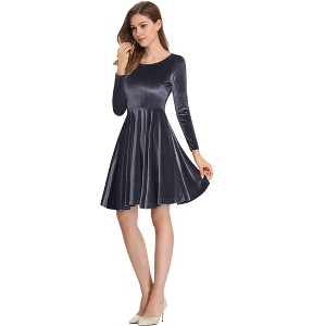 Women's Scoop Neck Wrist Sleeve Length Dress Solid Slim Flowy Swing A-Line Velvet Cocktail Party Dress - 1 of 4