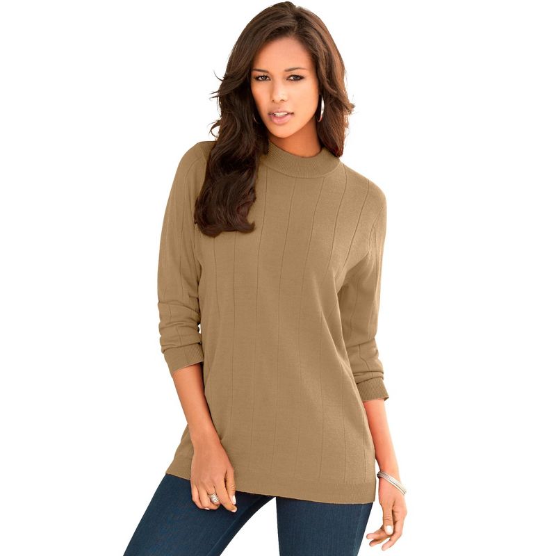 Roaman's Women's Plus Size Fine Gauge Drop Needle Mockneck Sweater, 1 of 2