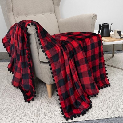 Pom Pom Fringe Twin Fleece Blanket in Plush Red