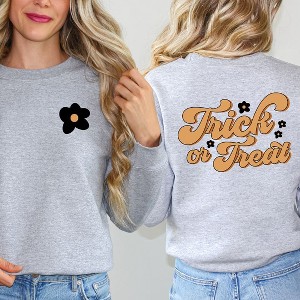 Simply Sage Market Women's Graphic Sweatshirt Trick Or Treat Flowers Front and Back - 1 of 4