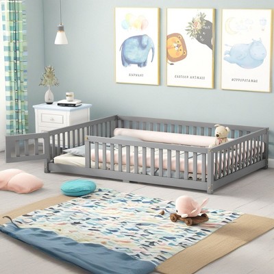 ROOMTEC Floor Bedframe w/Safety Guardrails and Door,Wood Bed with Removed Slats for Kids