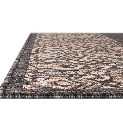 Charcoal Gray Floral Border Outdoor Rectangular Rug