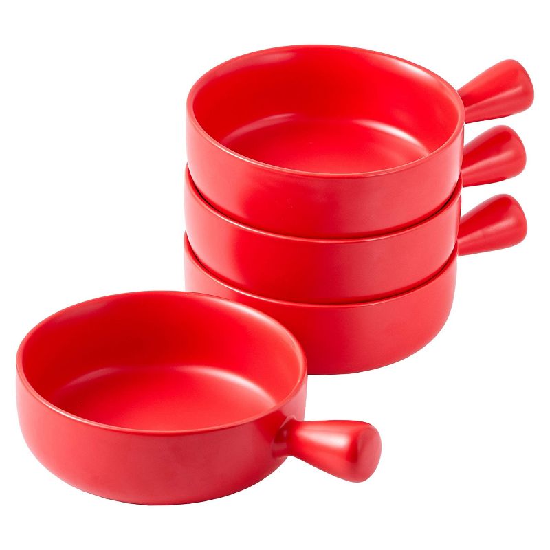 Bruntmor 20 Oz Round Flat Porcelain Soup Bowl with Handle Set of 4, Red, 1 of 7
