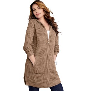 Roaman's Women's Plus Size Mega Length Waffle Zip Hoodie - 1 of 4