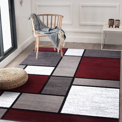 Red and Gray Geometric Low Pile Area Rug