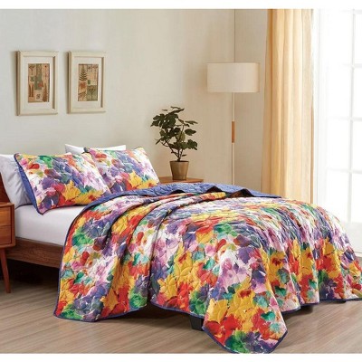 Home Mart Goods 3 Piece Floral Abstract Purple Yellow Reversible Quilt Coverlet Bedspread Bedding Set - King Size