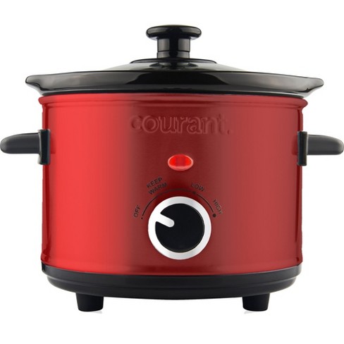Courant Slow Cooker 3.2 Quart Crock Dishwasher Safe Stainproof Pot and  Glass Lid, Round Manual Slow Cooker, Red Stainless Steel