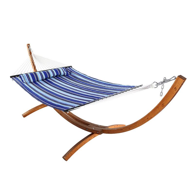 Sunnydaze Quilted Double Fabric 2-Person Hammock with Curved Arc Wood Stand, 1 of 9