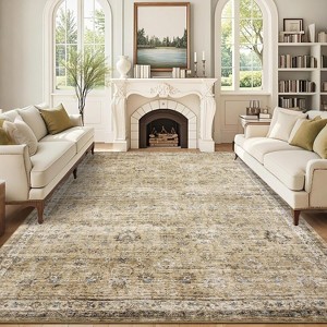 Vintage Washable Area Rug - Non-Slip Oriental Low Pile Carpet Soft Foldable Non-Shedding Floor Cover for Living Room Dining Room Dorm Office - 1 of 4