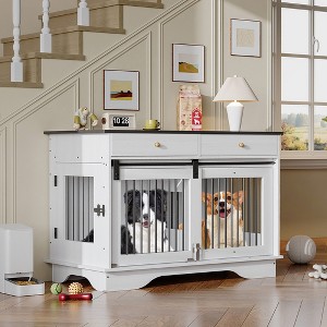 47" Dog Furniture Crate w/ 2 Storage Draws & Removable Divider & Triple Door Design for Large/Medium/Small Dogs - 1 of 4