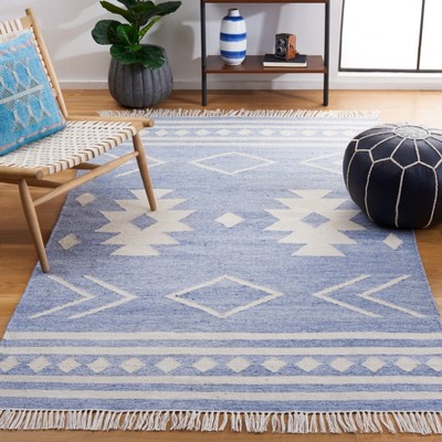 Handmade Blue and Ivory Geometric Flat Woven Area Rug, 5' x 8'