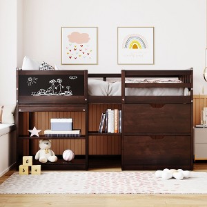 NicBex Twin Size Low Loft Bed with Pull-out Desk Pine Bed Frame with Blackboard, Shelves, Drawers, Ladder and Guardrail, Space Saving - 1 of 4