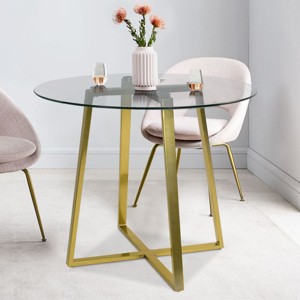 32" Hana Tempered Glass Top Modern Round Dining Table Gold 4 Point/Leg-Maison Boucle - 1 of 4