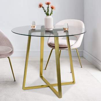32" Hana Tempered Glass Top Modern Round Dining Table Gold 4 Point/Leg-The Pop Maison