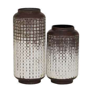 Set of 2 Round Distressed Textured Patterned Vase White/Brown - Olivia & May