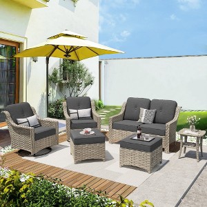 XIZZI 6 Pieces Furniture Set with Swivel Rocking Chairs, Furniture Sofa Set with Ottomans and Loveseat, Rattan Conversation Couch Set - 1 of 4