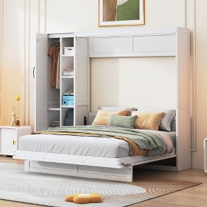 TIRAMISUBEST Full/Queen Size Murphy Bed Wall Bed with Open Storage Shelves and Bulit-in Wardrobe, Space Saving Folding Murphy Cabinet Bed w/LED Lights - 1 of 4