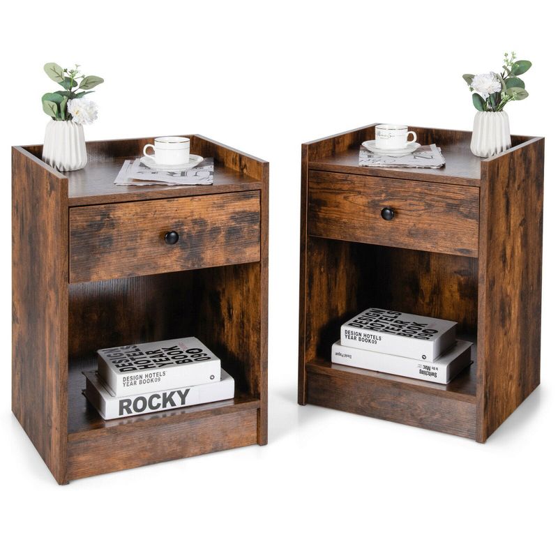 Costway Set of 2 Nightstand with Drawer Cabinet End Side Table Raised Top, 1 of 13