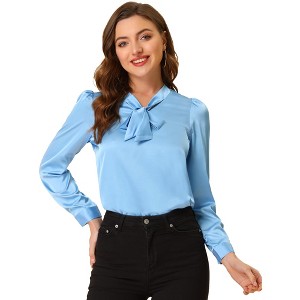 INSPIRE CHIC Women's Tie Neck Satin Long Sleeve Solid Color Blouse - 1 of 4