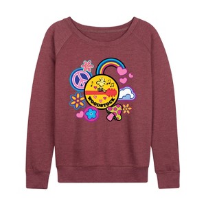 Women's - Peanuts - Woodstock Peace And Love Flair Lightweight French Terry Wide Neck Long Sleeve Shirt - 1 of 4