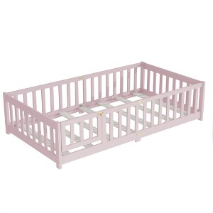 COWLOWN Twin Size Floor Bed with Safety Fence & Door, Rubber Wood Montessori Bed for Toddlers - 1 of 4
