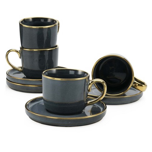 American Atelier Gold Rimmed Teacup and Saucer, Set of 4 7.6 oz Ceramic Cappuccino Coffee Cups with Reactive Glaze, Espresso Coffee Cups, Latte