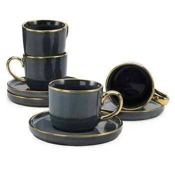 American Atelier Gold Rimmed Teacup and Saucer, Set of 4, 7.6 Oz Ceramic Espresso Latte Macchiato Cappuccino Coffee Cups with Reactive Glaze