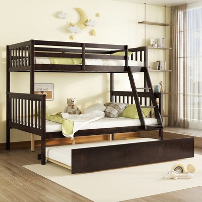 NicBex Twin over Full Bunk Bed Detachable Wooden Bed Frame with Twin Size Trundle, Ladder and Full Length Guardrail, No Box Spring Required