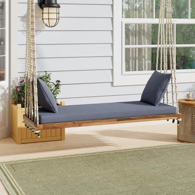 Twin Size Acacia Wood Porch Swing Chair with Cushion & Pillows, 400lbs Capacity, 63" Wide, 6 Ropes - Coolbibila
